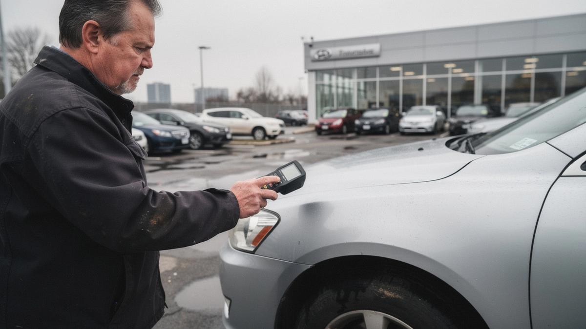 Independent inspector measuring paint thickness on the front wing of a used sedan