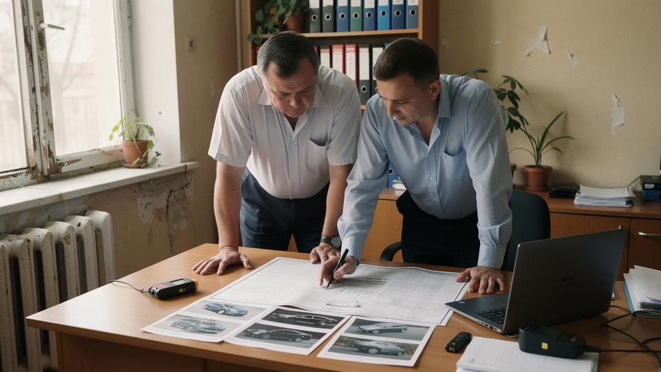 Inspectors at the technovatehzub.com Kyiv office reviewing a printed vehicle condition report before a site visit