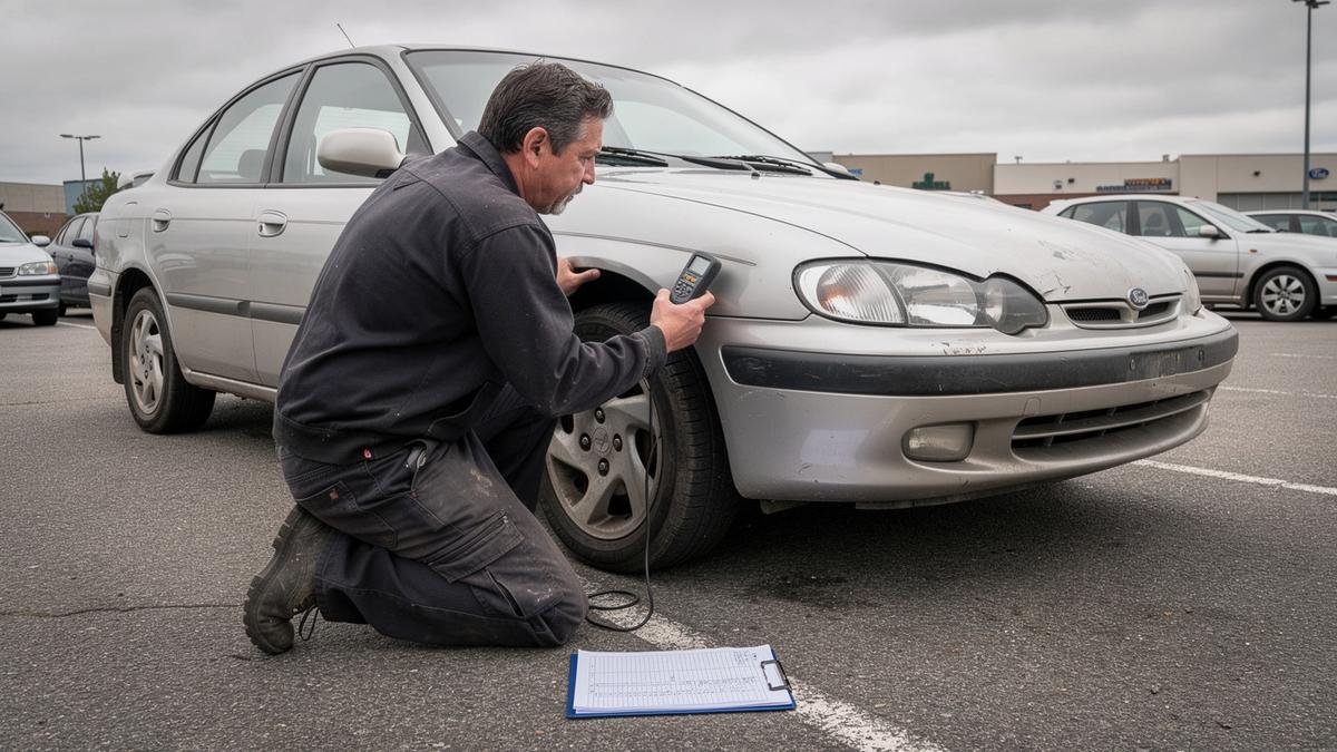 Inspector taking a paint thickness reading on a used car parked at the seller's location