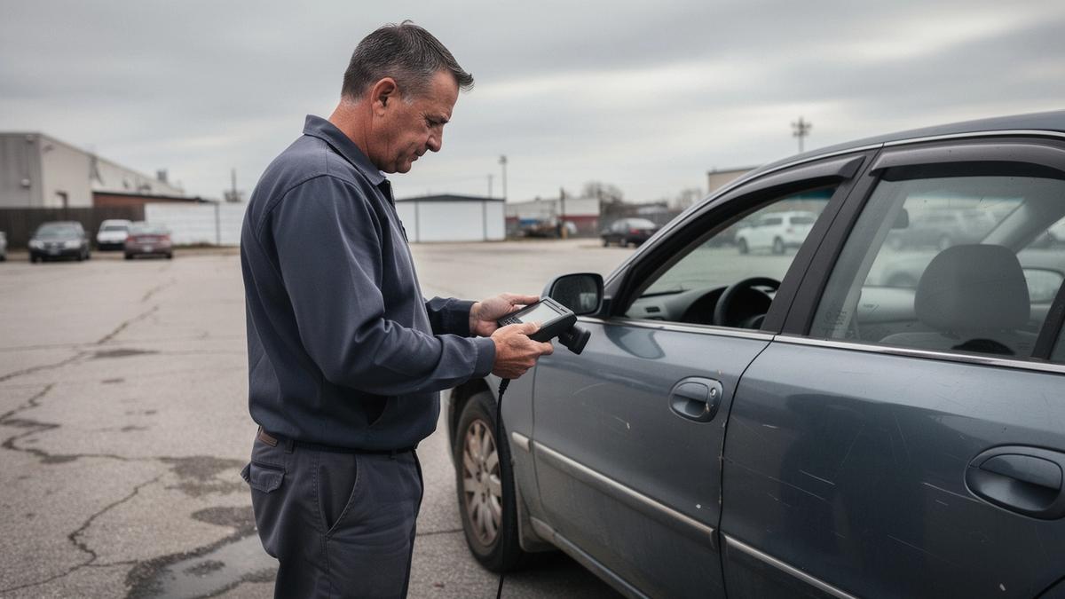 Inspector taking a paint thickness reading on the door panel of a used car
