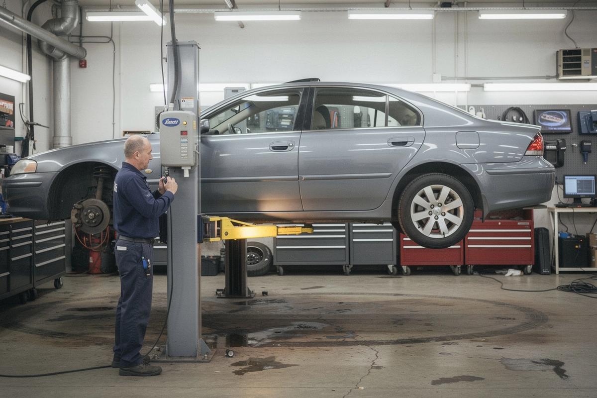 Technician checking a used car on a two-post lift