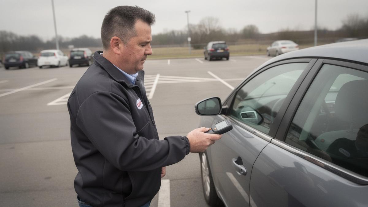 Inspector taking paint thickness readings on a used car