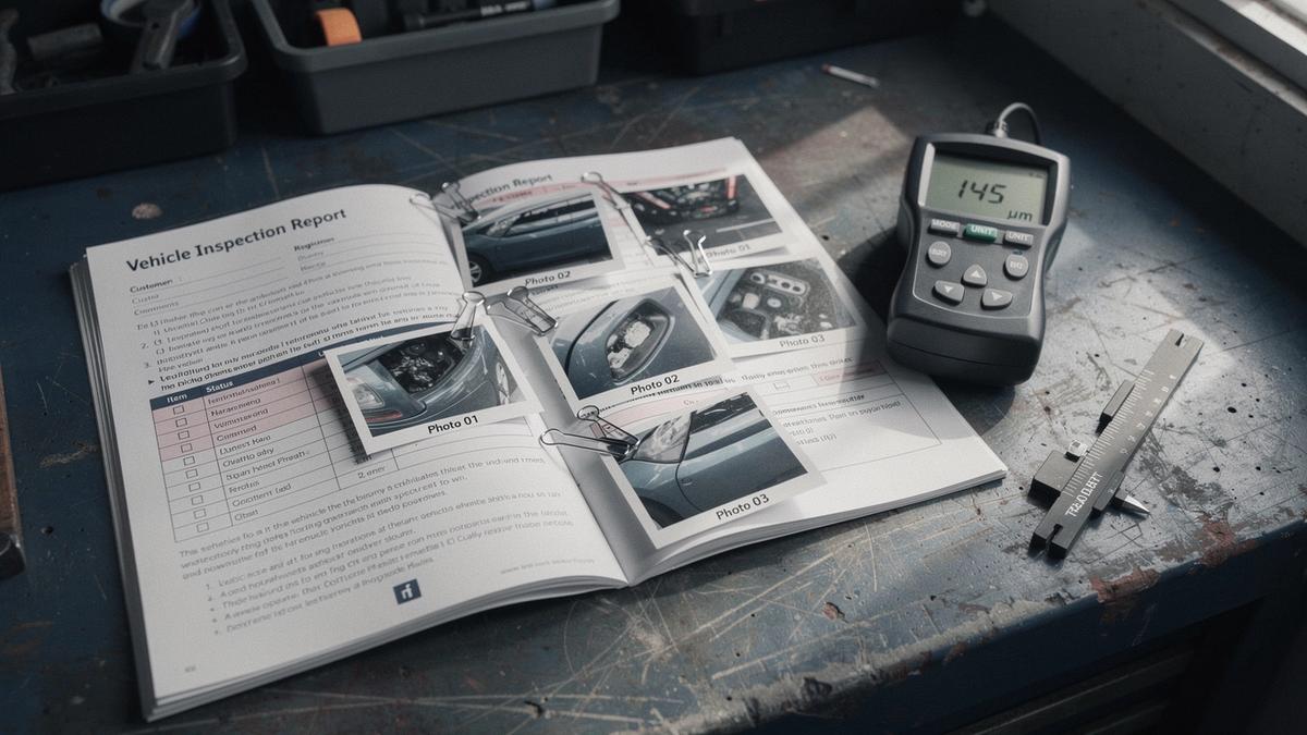Printed inspection report on a workbench beside a paint thickness gauge, findings keyed to numbered photos
