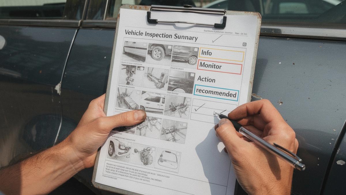 Inspector recording labelled findings on a printed vehicle inspection report beside an open car door