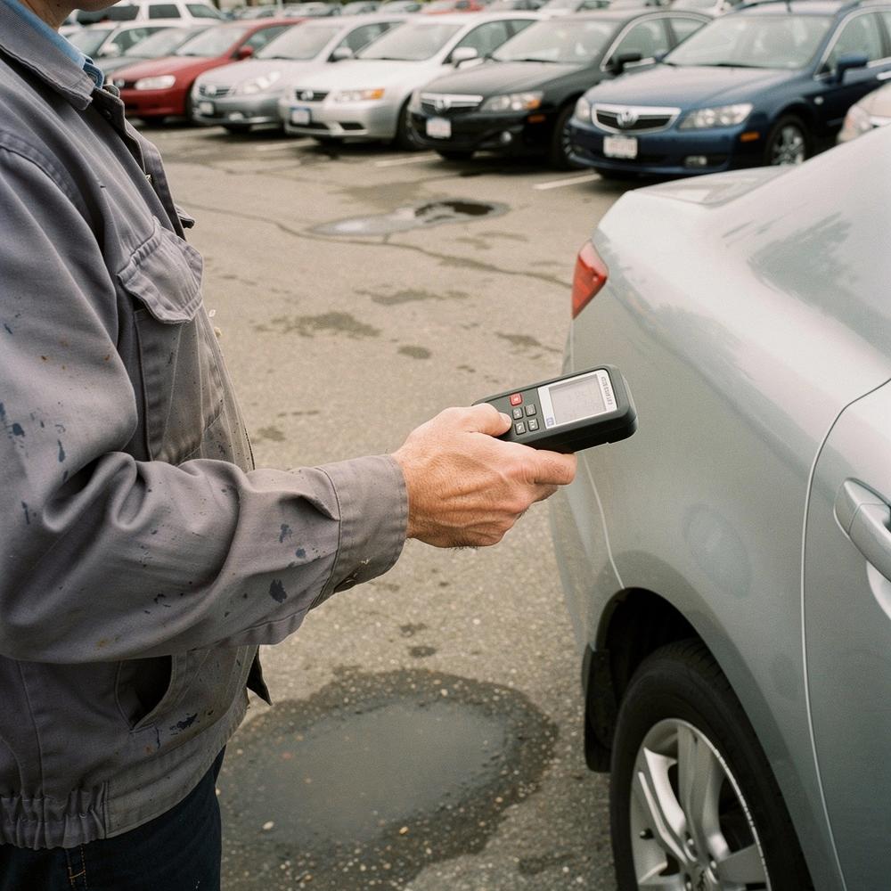 Inspector holding a paint thickness gauge against the rear door of a used car