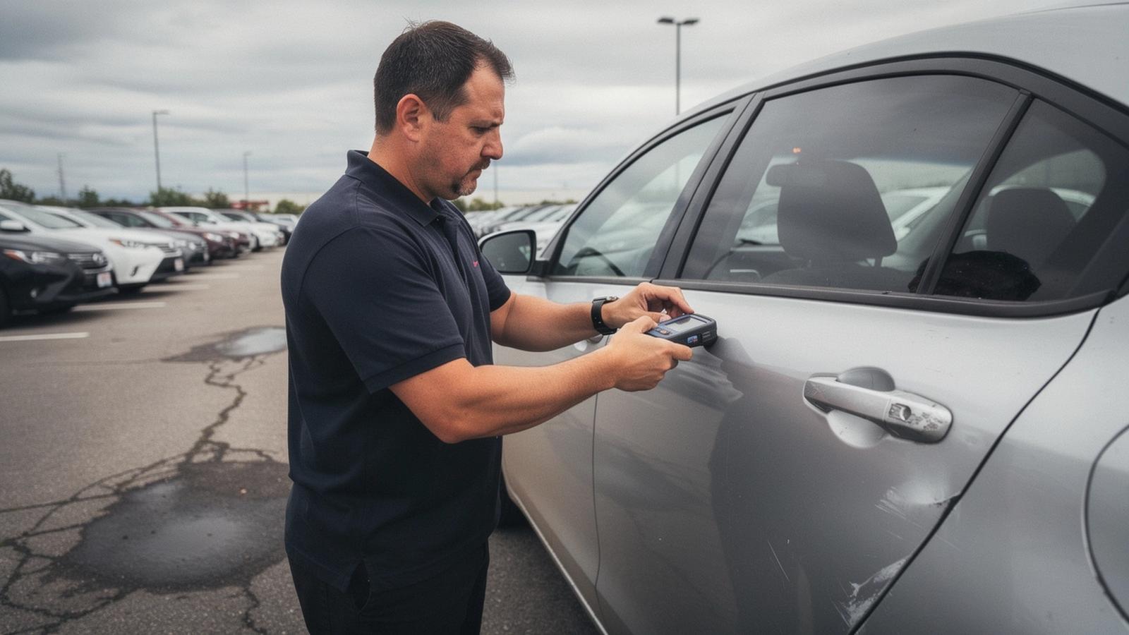 Inspector taking paint thickness readings on the door of a used car